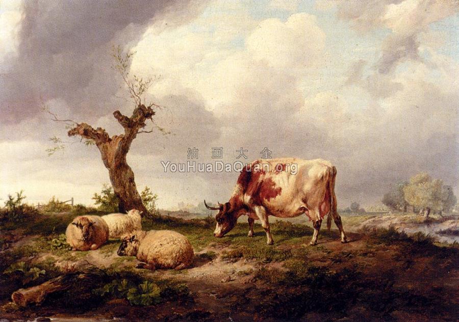 A Cow With Sheep In A Landscape - 托马斯·辛德尼·库珀